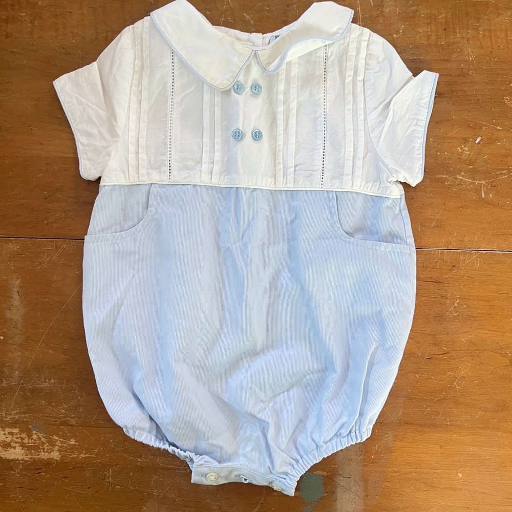 Luli Bubble Romper 18M Baby Boy Pintuck Pinstripe Blue White Vintage Classic - Picture 9 of 9